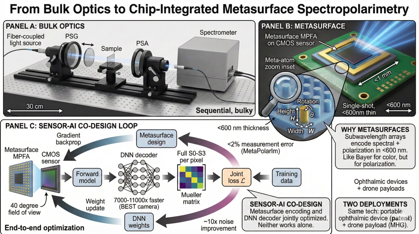 From bulk optics to chip-integrated metasurface spectropolarimetry with sensor-AI co-design
