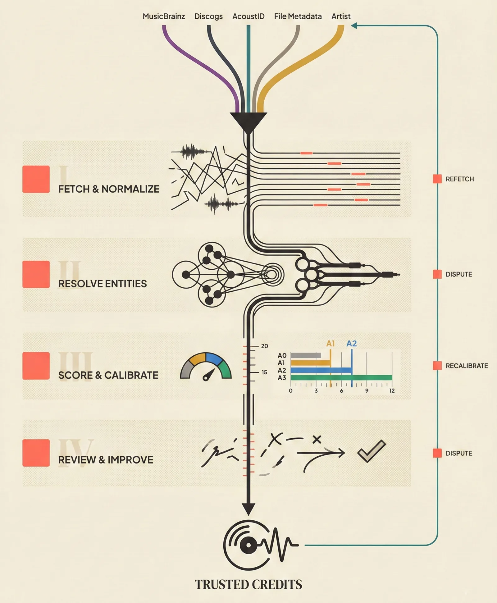 Portrait-mode constructivist diagram showing four stages of a music attribution pipeline as an audio signal chain, with five colored source dots converging through processing bands and a teal feedback arc